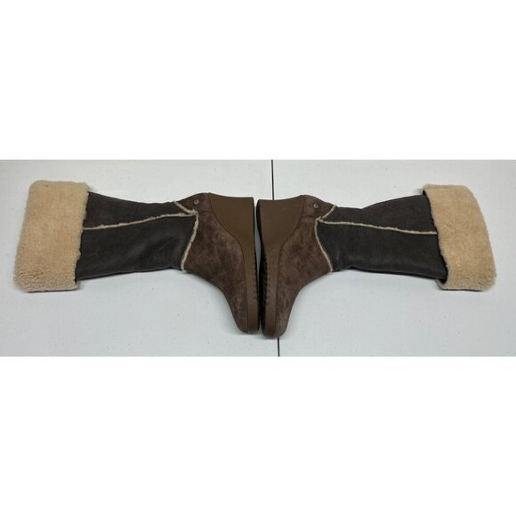 Ugg Womens 9 Tall Boots Wedge Brown Leather Shearling Fold Over 5451 Sandra - Picture 4 of 15